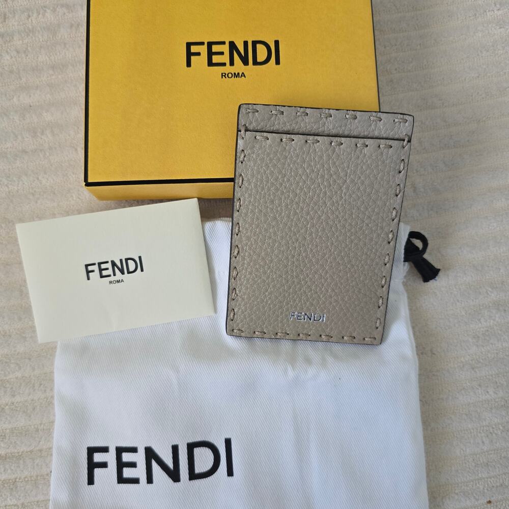 Fendi Taupe Selleria Grained Leather Card Holder - Giftable New Condition